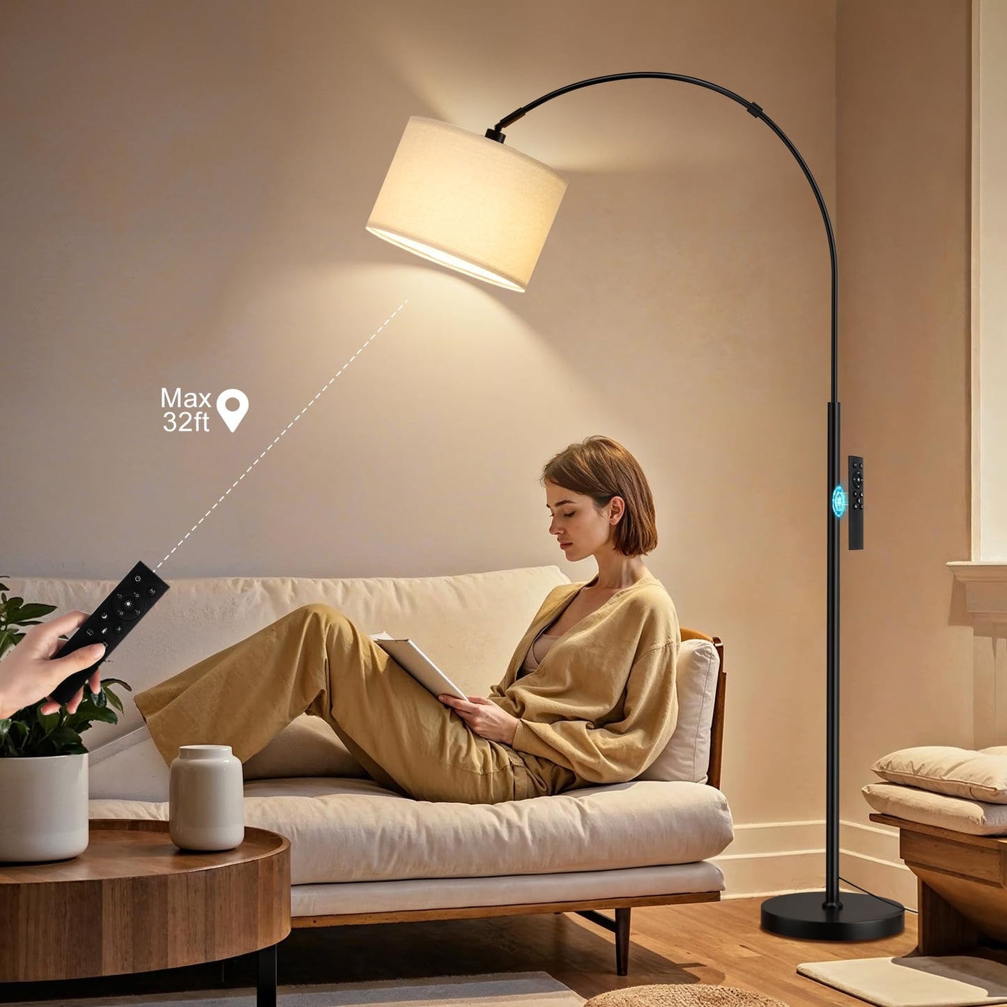 Ambimall 70" Dimmable Arc Floor Lamp with Remote, Color Temperature and Brightness Adjustable, Arched Floor Lamp with Rotating Head, Over Couch Arched Reading Light for Living Room (Beige and Black)