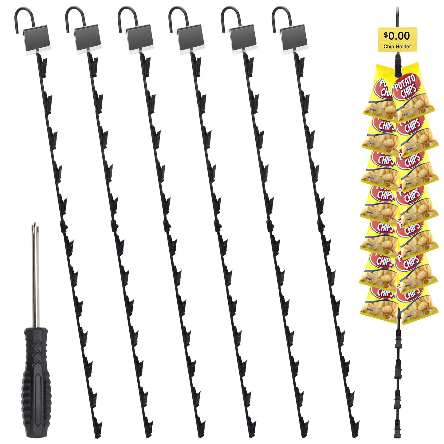 6 Packs Merchandise Hanging Strips with Hooks,Metal Chip Retail Display Strips, Merchandise Display Hanging Strips with 6pcs Label Plate and a Phillips Screwdriver