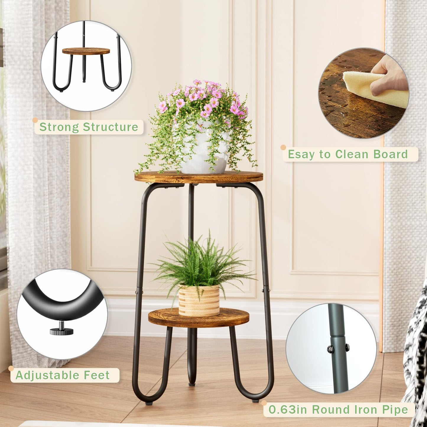 REFGY 2 Tier Wood Plant Stand Indoor, Small Round Flower Pot Stand, 19.6" Tall Single Plant Holder for Living Room, Balcony, Rustic Brown End Side Table（Rustic Brown）