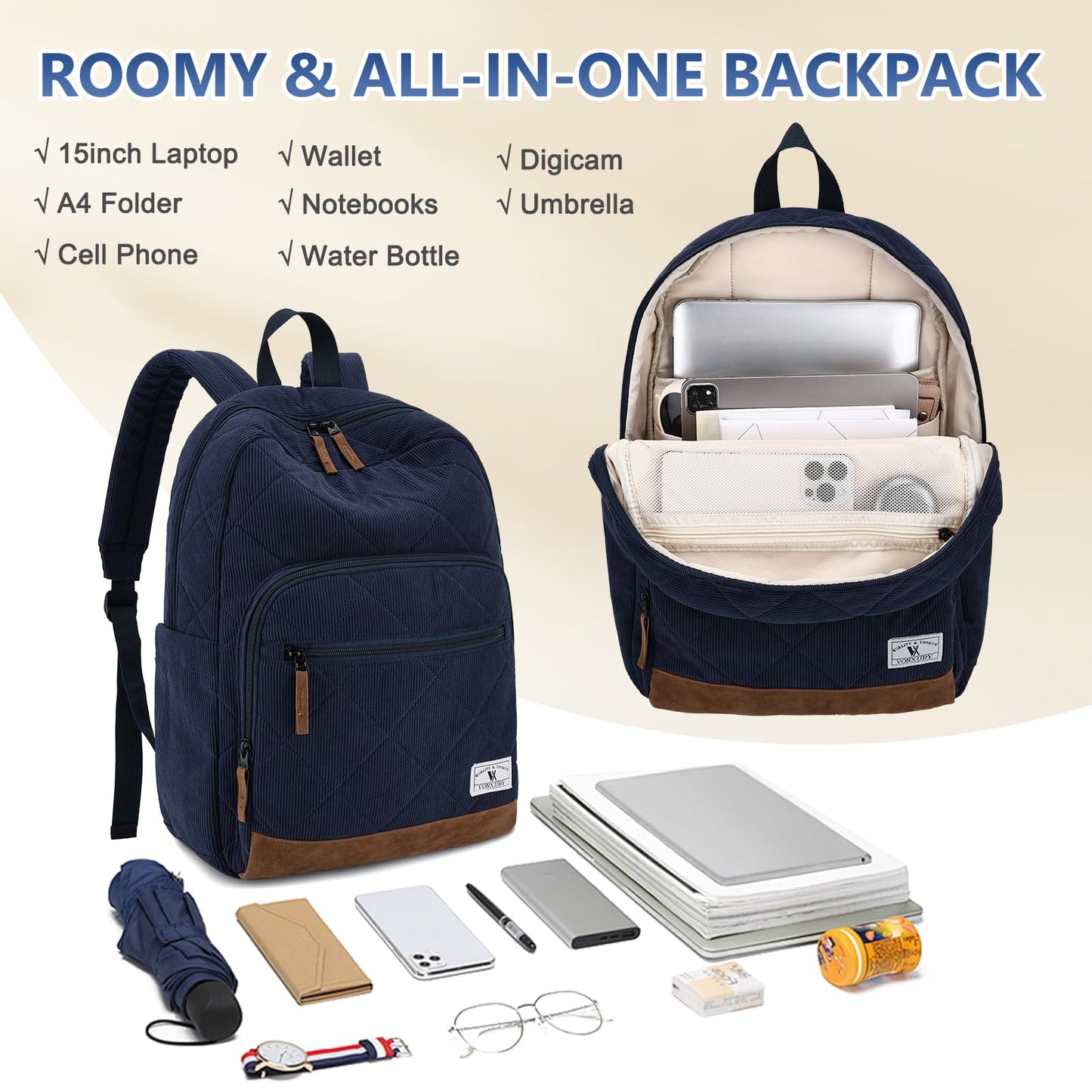 VX VONXURY Corduroy Backpack for Teens，Lightweight 15.6 inch Bookbag for Girls Boys Casual School bag for Men Women
