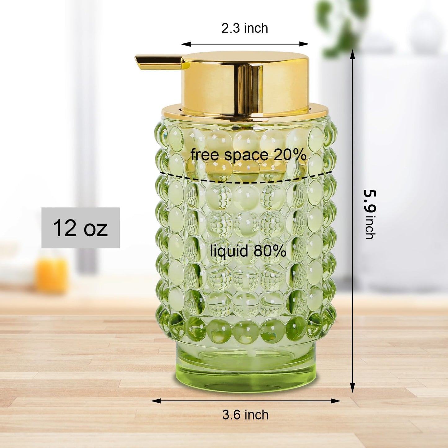 Fvstar 2pcs Glass Foaming Soap Dispenser, Green Foam Hand Soap Dispenser, 12 Oz Large Bottle with Gold Pump, Refillable Lotion Pump Container for Bathroom, Kitchen,Hand Soap, Dish Soap,Shampoo