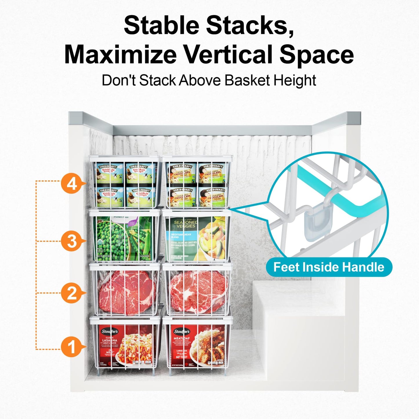 iSPECLE Chest Freezer Organizer - 8 Pack Stackable Freezer Organizer for 5 to 7 Cu.Ft Deep Freezer, Sort Frozen Foods Wire Baskets with Handles Easily Get Food and Add Storage Space, White