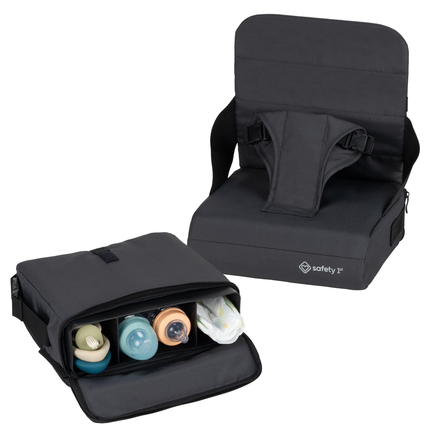 Safety 1st Feed 'N Fold Travel Feeding Booster - Lightweight, Compact & Portable With Carry Strap, Ample Storage & Secure Harness for Baby and Toddler Mealtimes - Mineral Graphite