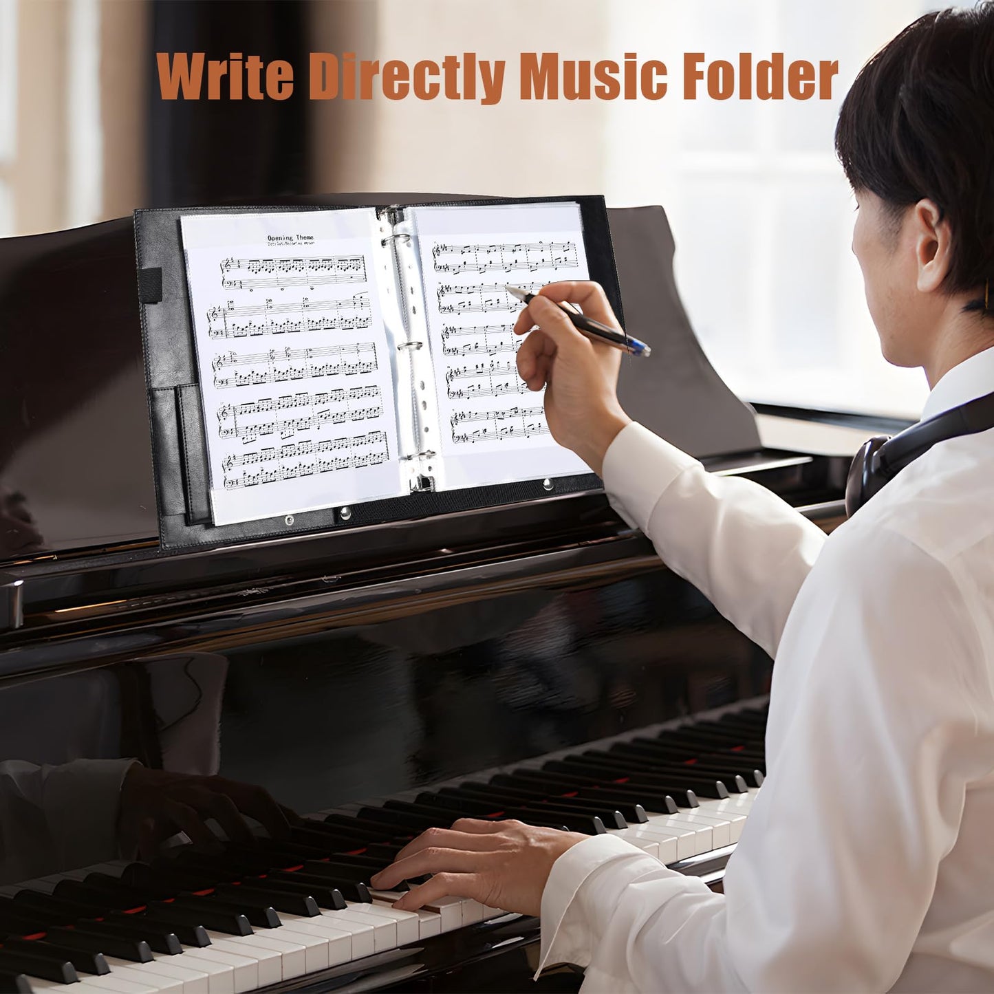 Sheet Music Folders Choir Binder: Piano Music Sheet Holder Storage Fits Letter Size 8.5 x 11 Inch - 3 Ring PU Leather Choral Music Folder with Hand Strap for Guitar, Orchestra, Band (PU Leather)