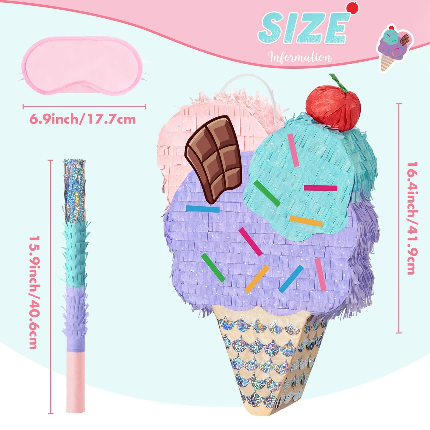 WERNNSAI Ice Cream Pinata - Sweet birthday Pinata with Blindfold and Stick for Summer Ice Cream Birthday Party Decoration Supplies Baby Shower Celebration Supplies