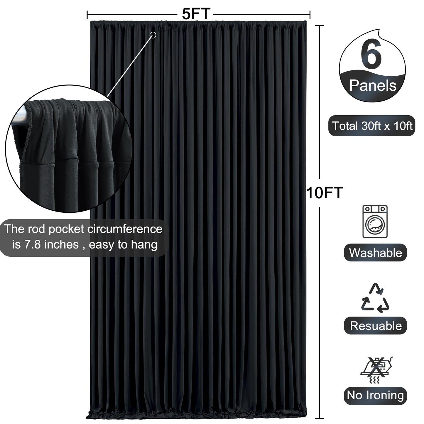6 Panels Black Backdrop Curtain for Parties Wrinkle Free Black Photo Curtains Backdrop Drapes Fabric Decoration for Birthday Party Wedding 30ft(W) x 10ft(H)
