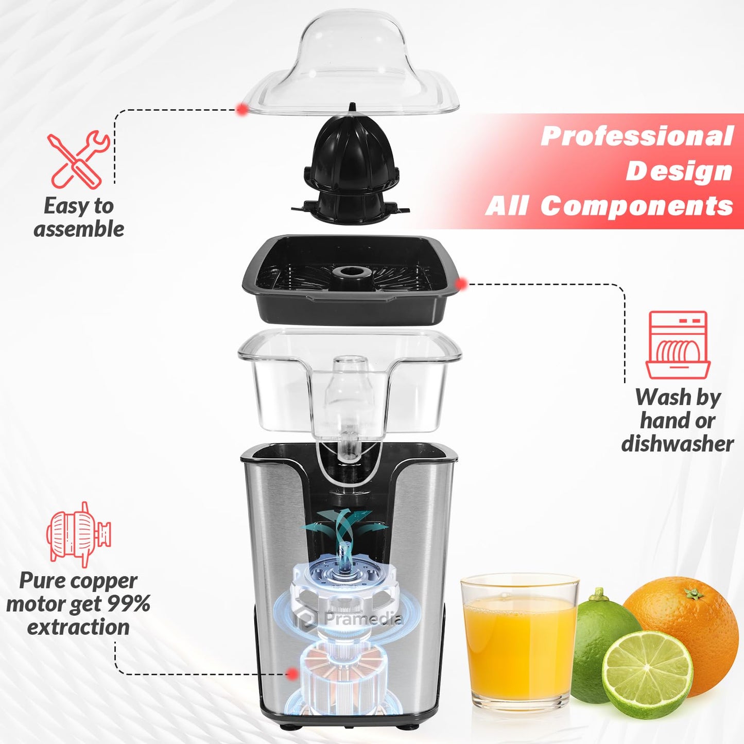 PRAMEDIA Electric Citrus Juicer Stainless Steel - 40W Orange Juicer with Adjustable Anti-Drip Spout & 2 Cones for Lemon,Limes, Grapefruit - Auto-Reversing Squeezer for Fresh Fruit Juice