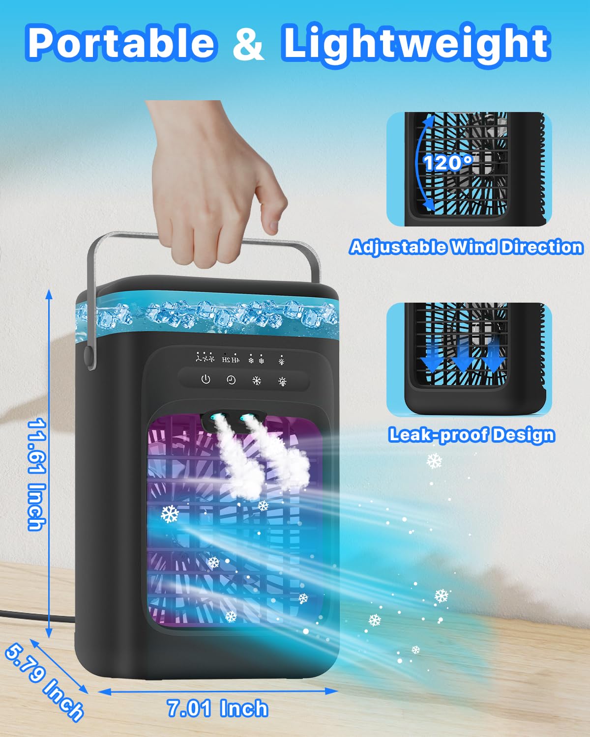 Portable Air Conditioner, 4-in-1 Evaporative Air Cooler, Personal Cooling Fan with 3 Speeds, 2 Mist Modes, 7 LED Night Light, 2-4H Timer