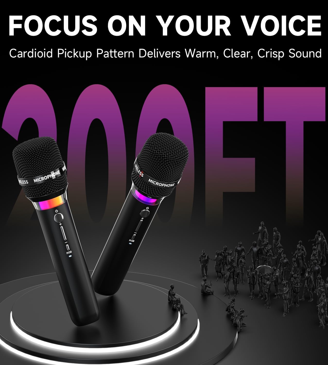 Wireless Microphone, Rechargeable Wireless Microphones with One-to-One Chip Connection and LED Lights, 40H Duration, 200FT Range Receiving, Less Latency Karaoke Microphone for Singing (Black)