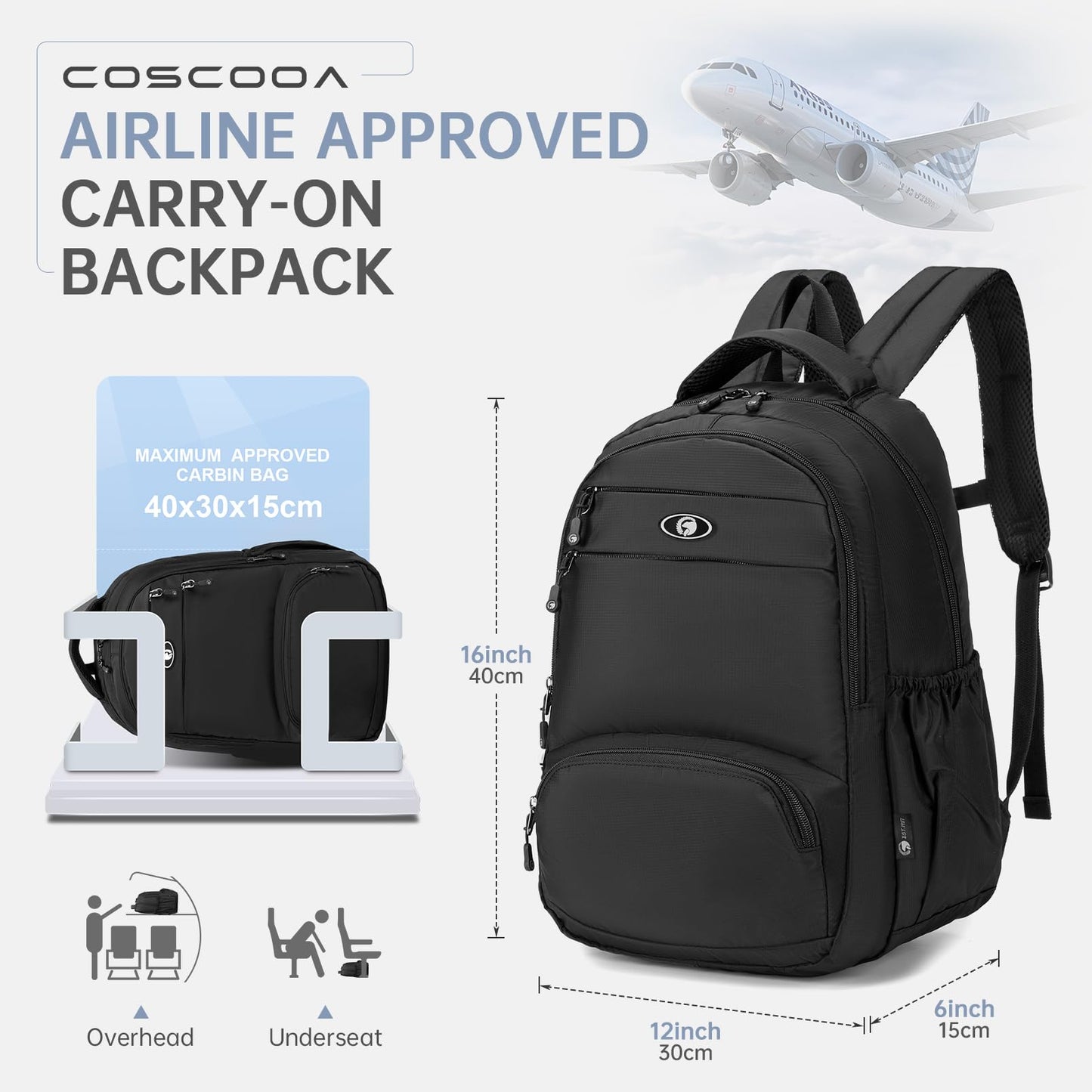 COSCOOA Carry On Travel Backpack 43x33x15 CM,6x13x17 inch Personal Item Bag for Budget Flights in Canada,Underseat Travel Duffel Bag,14 inch Laptop Backpack Flight Approved