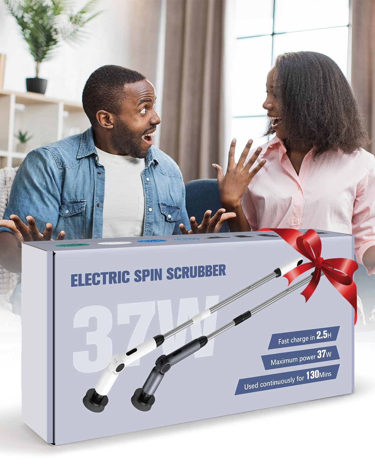 Electric Spin Scrubber, [Adjustable Angle] Homtronics Cordless Electric Cleaning Brush with 8 Replaceable Brush Heads, Battery Display, 450r/min Speed, 50in Adjustable Long Handle for Bathroom