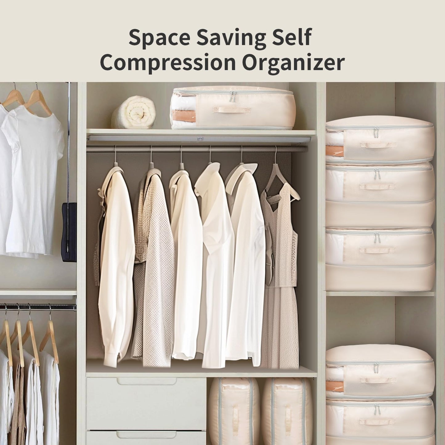 DIMJ Blanket Storage Bag Compression Organizer -3 Pack 198L Ultra Space Saving Self Compression Organizer with Clear Window Washable Compression Bags for Comforters Duvet Bedding, Dorm, Beige