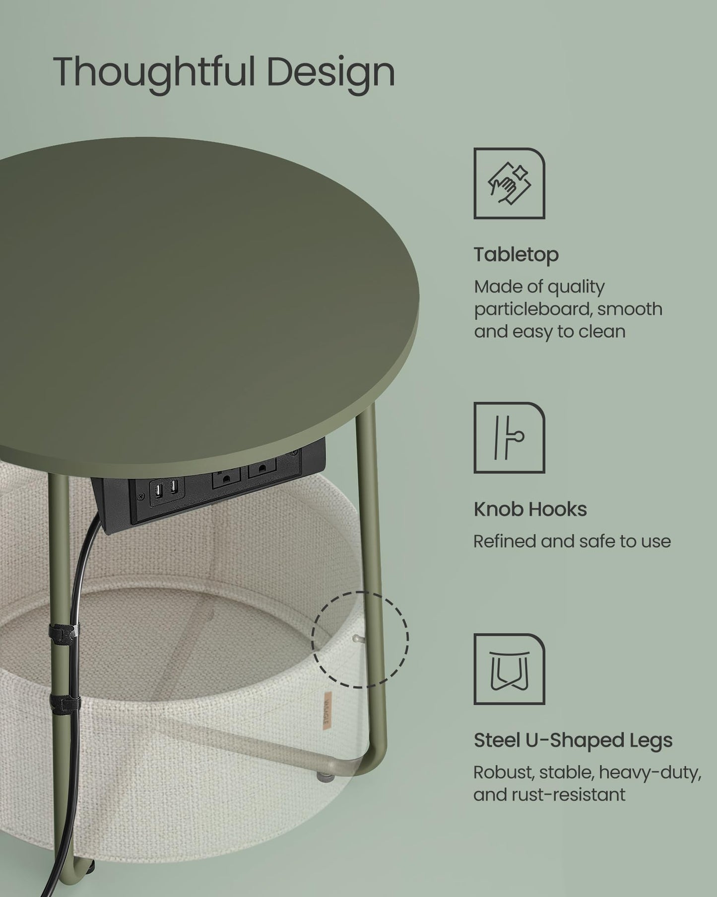 VASAGLE LILEA Collection - Small Round Side End Table with Charging Station, Modern Nightstand with Fabric Basket, USB Ports, Forest Green and Cream White ULET228C04