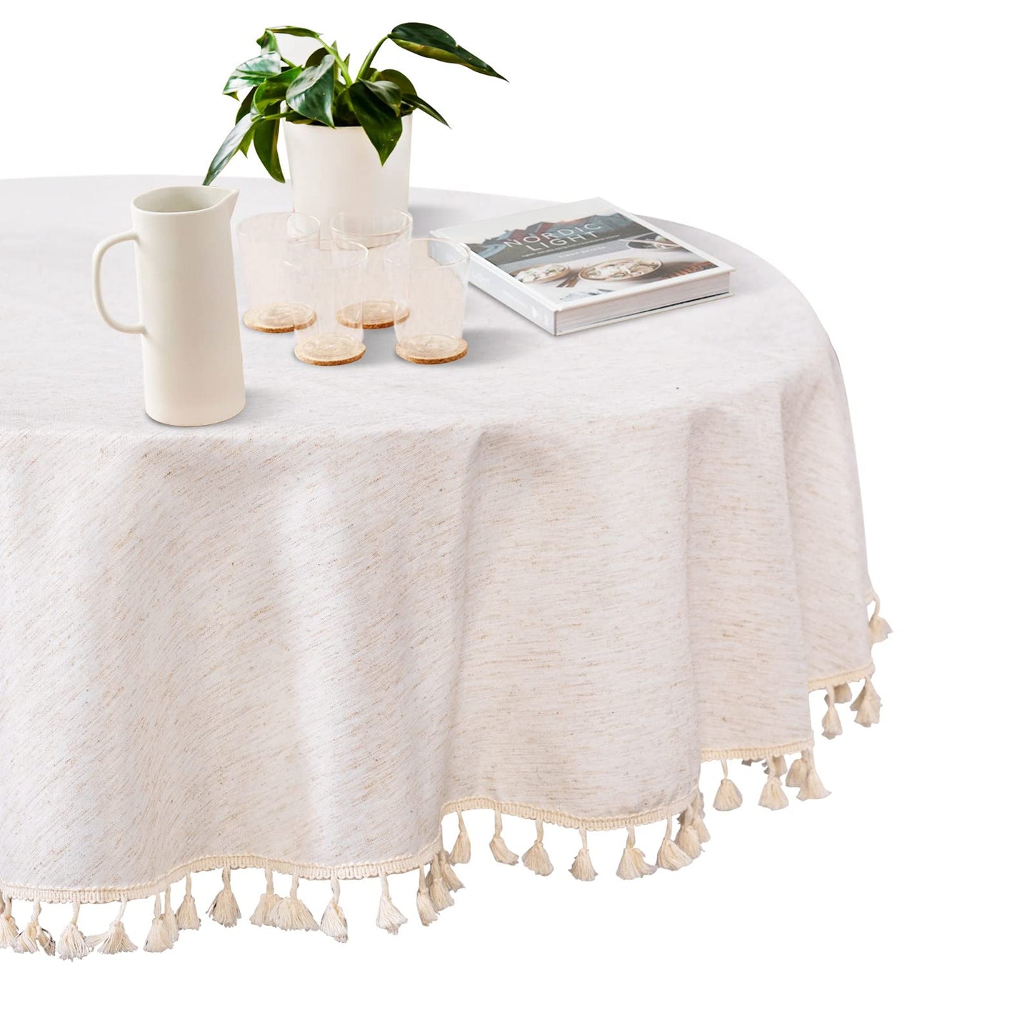 MYSKY HOME Round Tablecloth Nappe Round Table Cover Picnic Round 60 Inch, Faux Linen Boho Table Cloth Waterproof Tablecloths Table Cover for Kitchen Dining Party Holiday Christmas, Beige Tassels