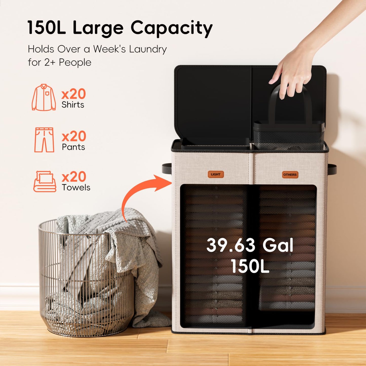 Vexalora 150L Double Laundry Hamper With Lid, Large Clothes Hampers with Removable Bag, Laundry Hamper 2 Section for Bathroom, Bedroom, Laundry Room, Dorm, Beige