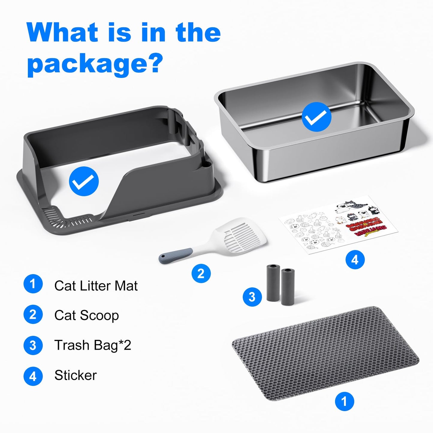 Stainless Steel Cat Litter Box with Lid, XL Litter Box for Big Cats, High Sided Metal Pan, Anti Leakage,Odor-Free & Easy Cleaning,Included Scoop &Trash Bag*2 & Mat & Sticker (Grey)