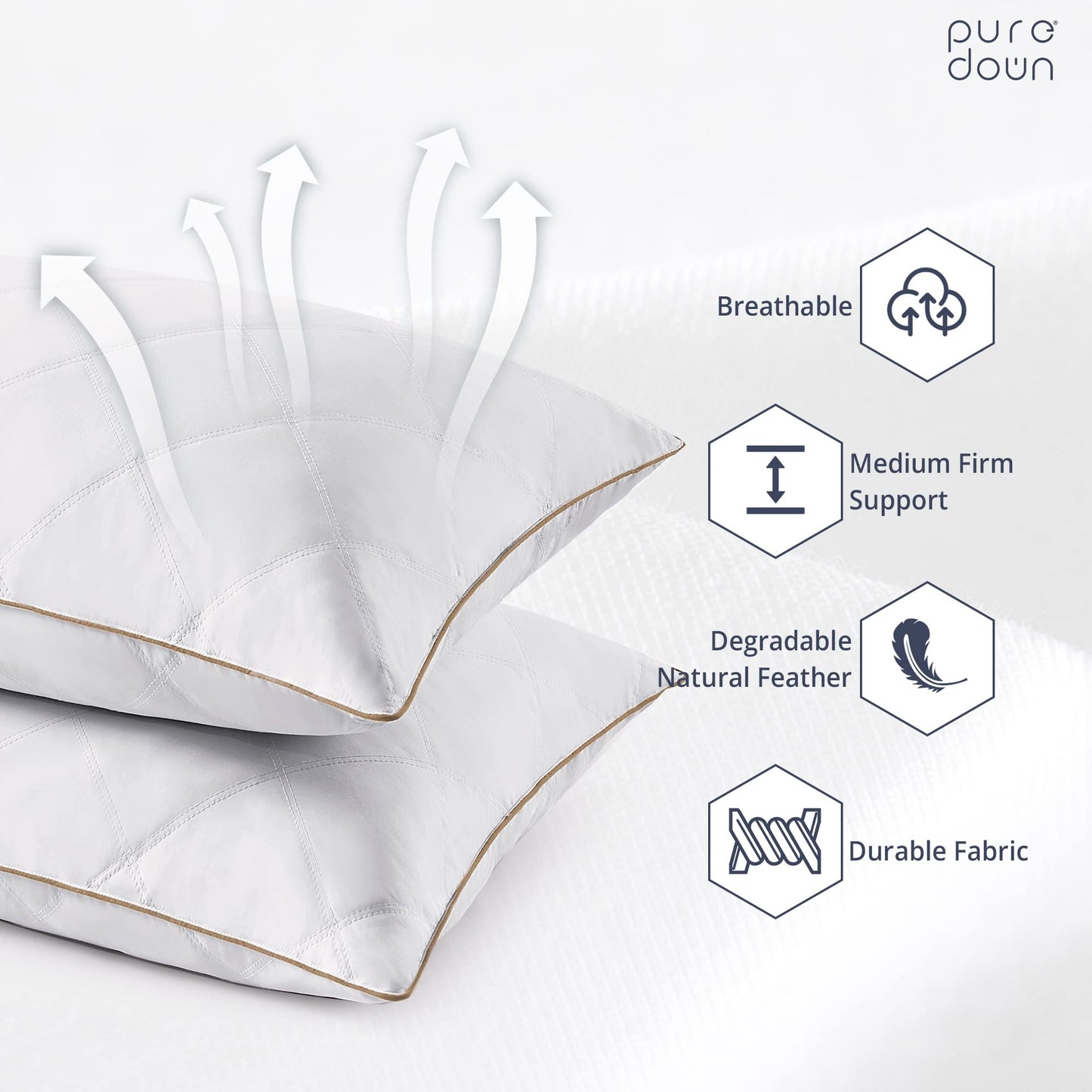 Puredown® Goose Feathers and Down Pillow with Diamond Quilting Breathable Downproof Cover, Pack of 2, King Size