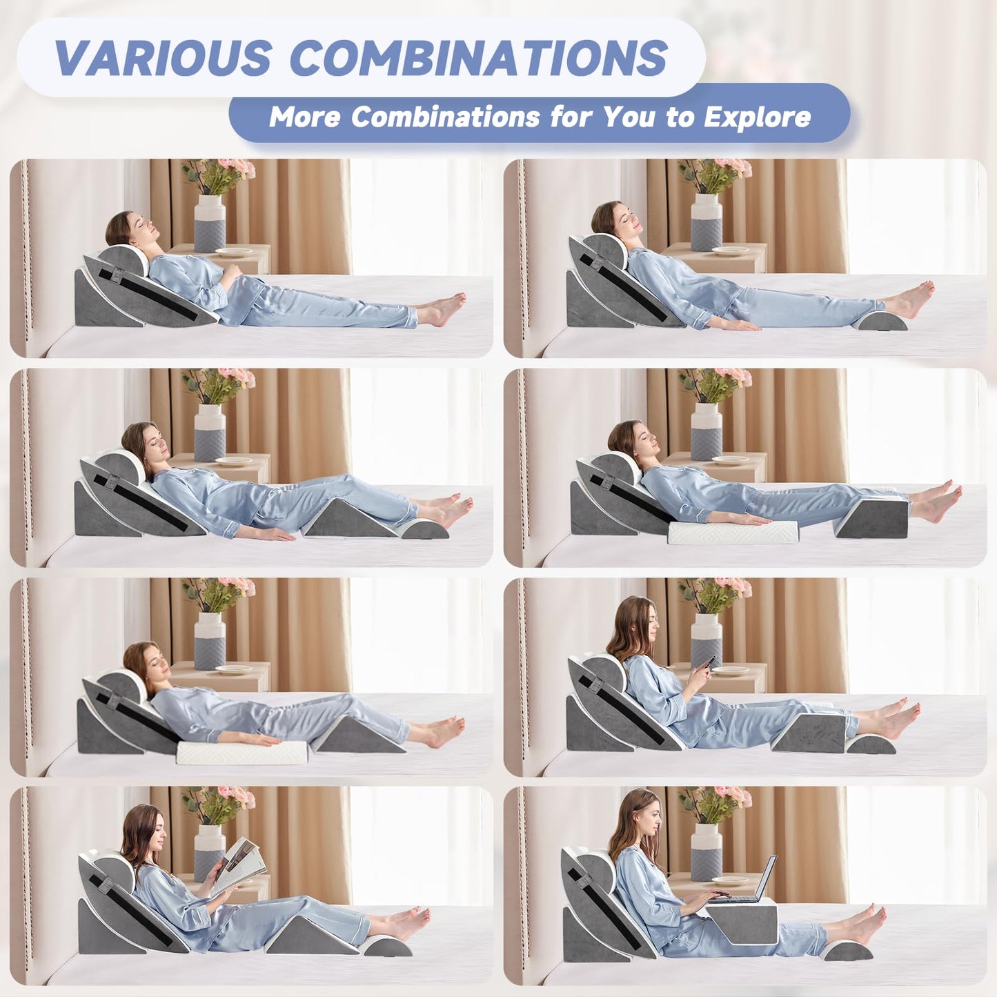 6pcs Orthopedic Bed Wedge Pillow Set for Sleeping, Post Surgery Foam for Body, Back and Leg Pain Relief Comfortable & Adjustable Support Pillows-Anti Snoring, Heartburn, Acid Reflux & GERD Sleeping