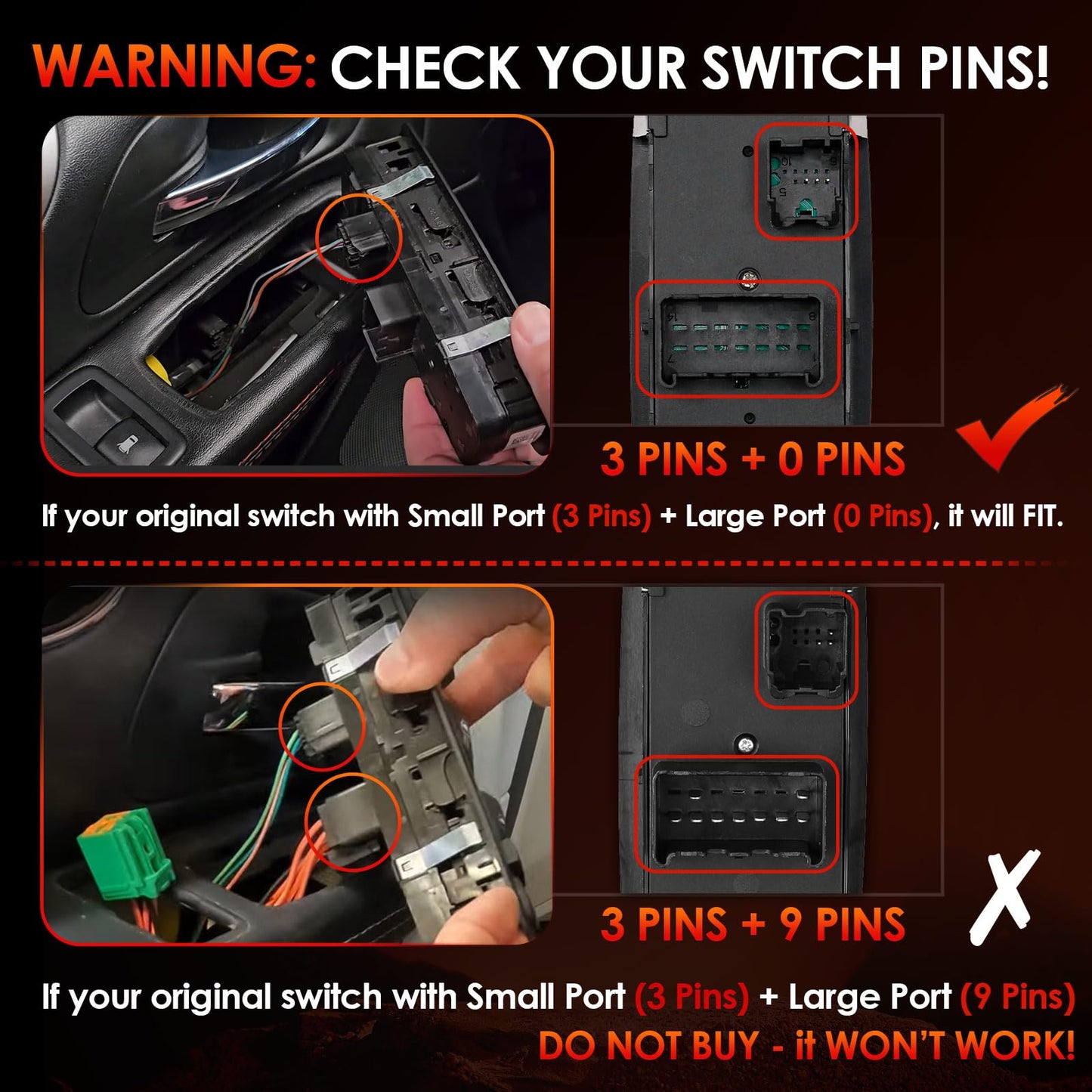 Master Power Window Switch | 3 PINS + 0 PINS Check Required | Replacement for 2012 – 2017 Dodge Grand Caravan, Chrysler Town & Country | Replaces# 68110871AA, 04602535AI