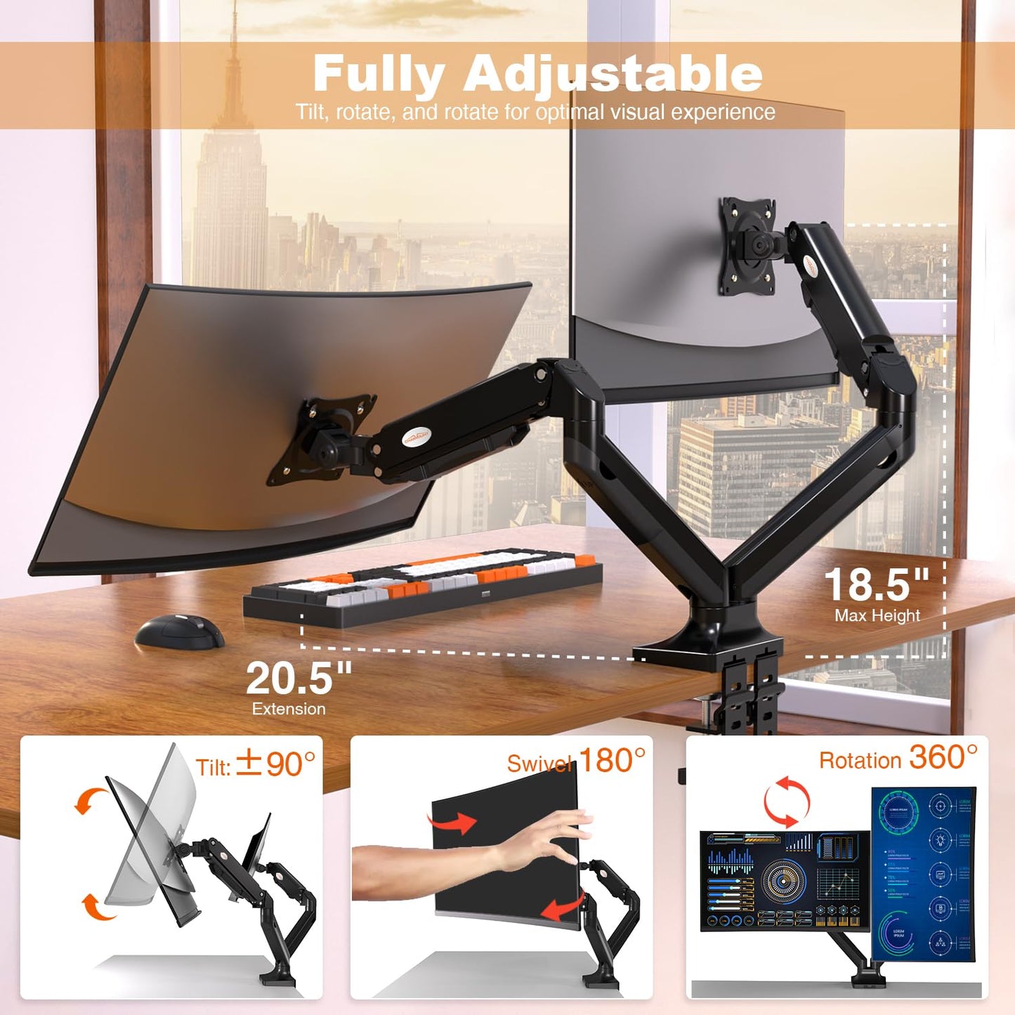 Dual Monitor Stand and Mount, Dual Monitor Arm for Screens Up to 32 Inch,Double Monitor Desk Mount,Vesa Mount 75x75mm to 100x100mm,Max Load 22lbs