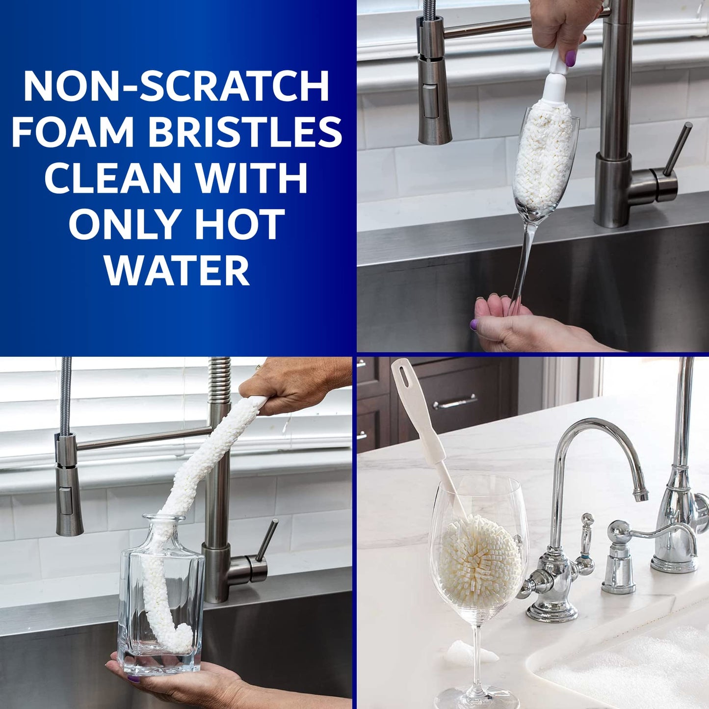 Set of 3 Glassware Cleaning Brush Kit - Non-Scratch, Foam Wine Glass Cleaning Brush Set for Glassware, Decanter, Mug, Stemware - for Home, Restaurant, Bar, Hotel - by FryOilSaver Co.