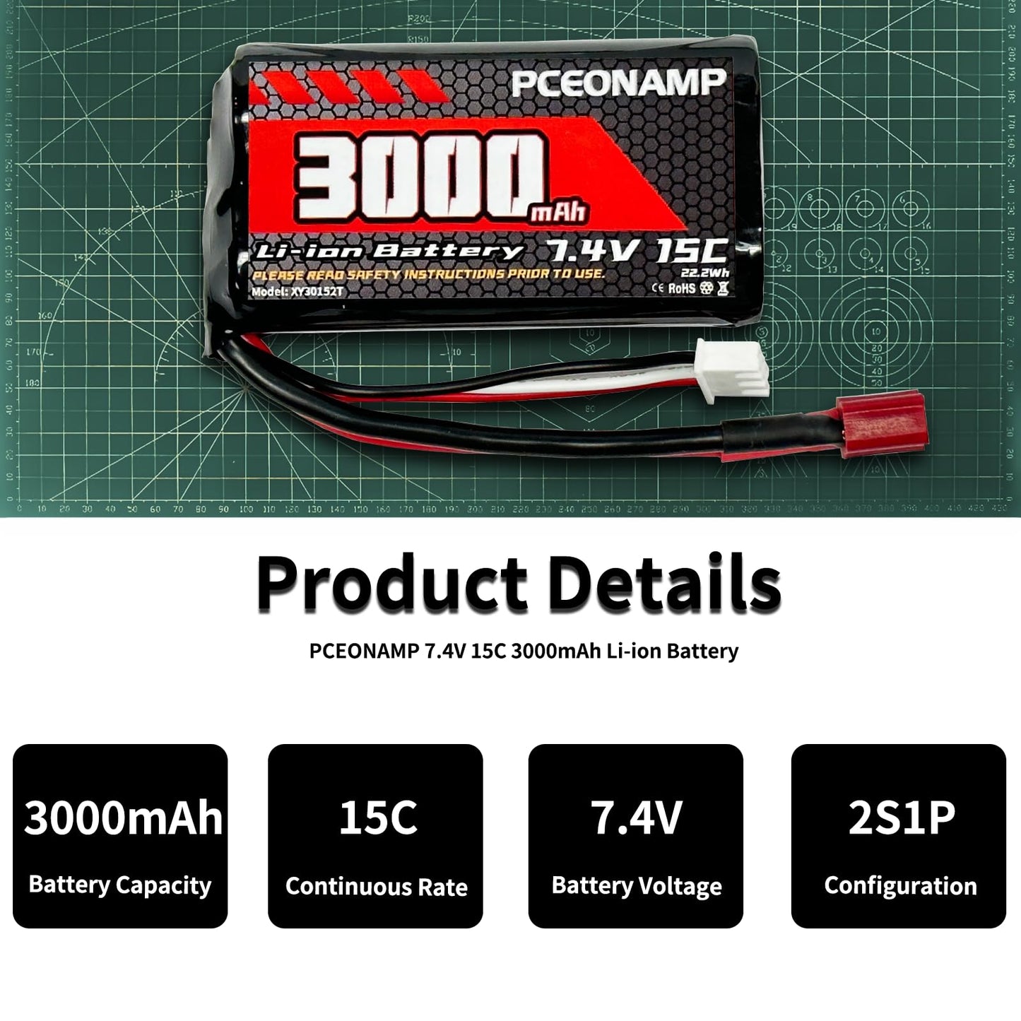 PCEONAMP 7.4V Li-ion Battery 3000mAh 2S with Deans T Plug Rechargeable High Capacity RC Battery Fit for WLtoys 4WD High Speed RC Cars and Most 1/10, 1/12, 1/16 Scale RC Cars Trucks with 2 USB Charger
