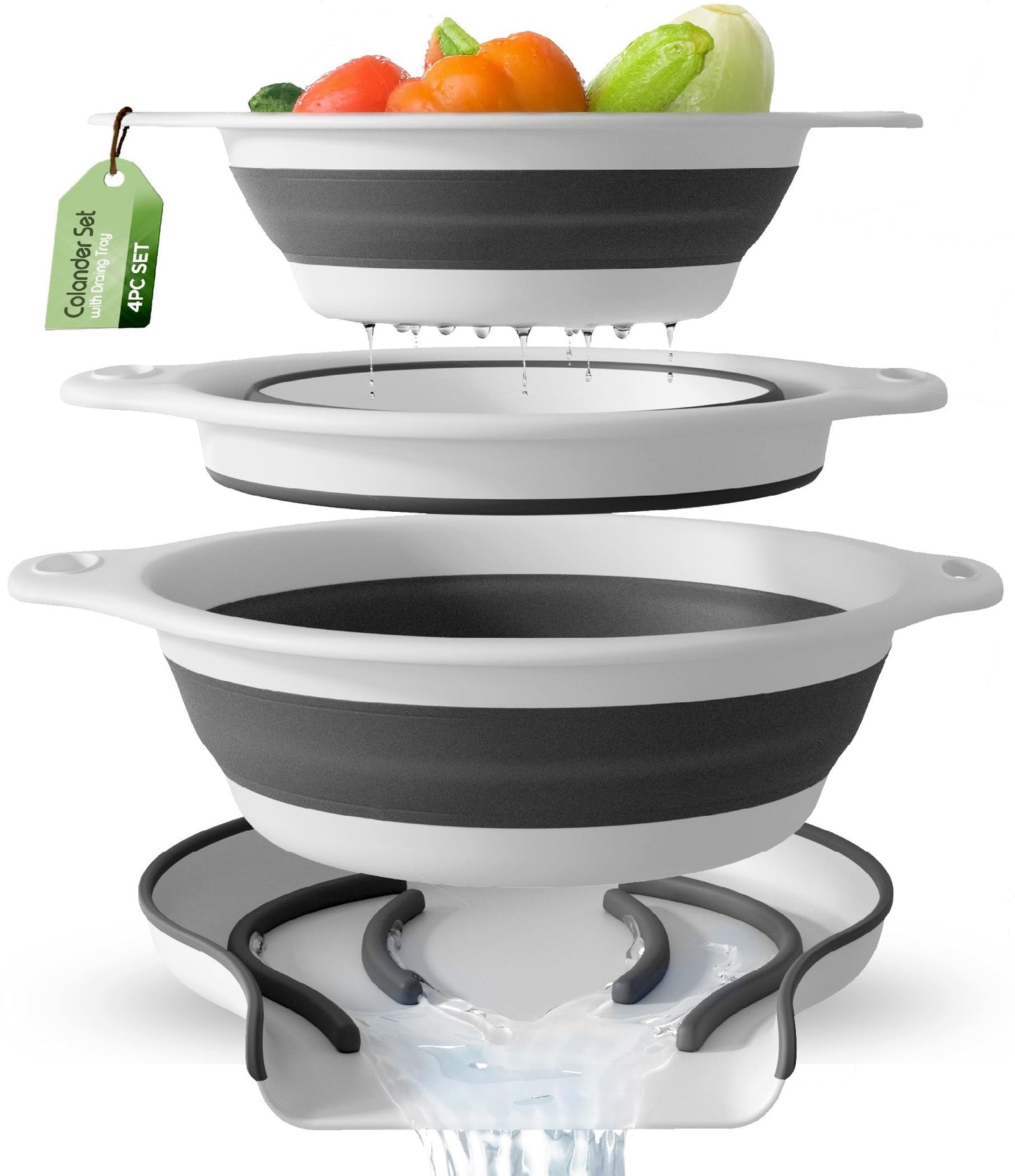 Gevoli (Set of 3 Sizes) Collapsible Colanders with Self-draining Base for Edge of Sink - Plastic Food Strainer (White)