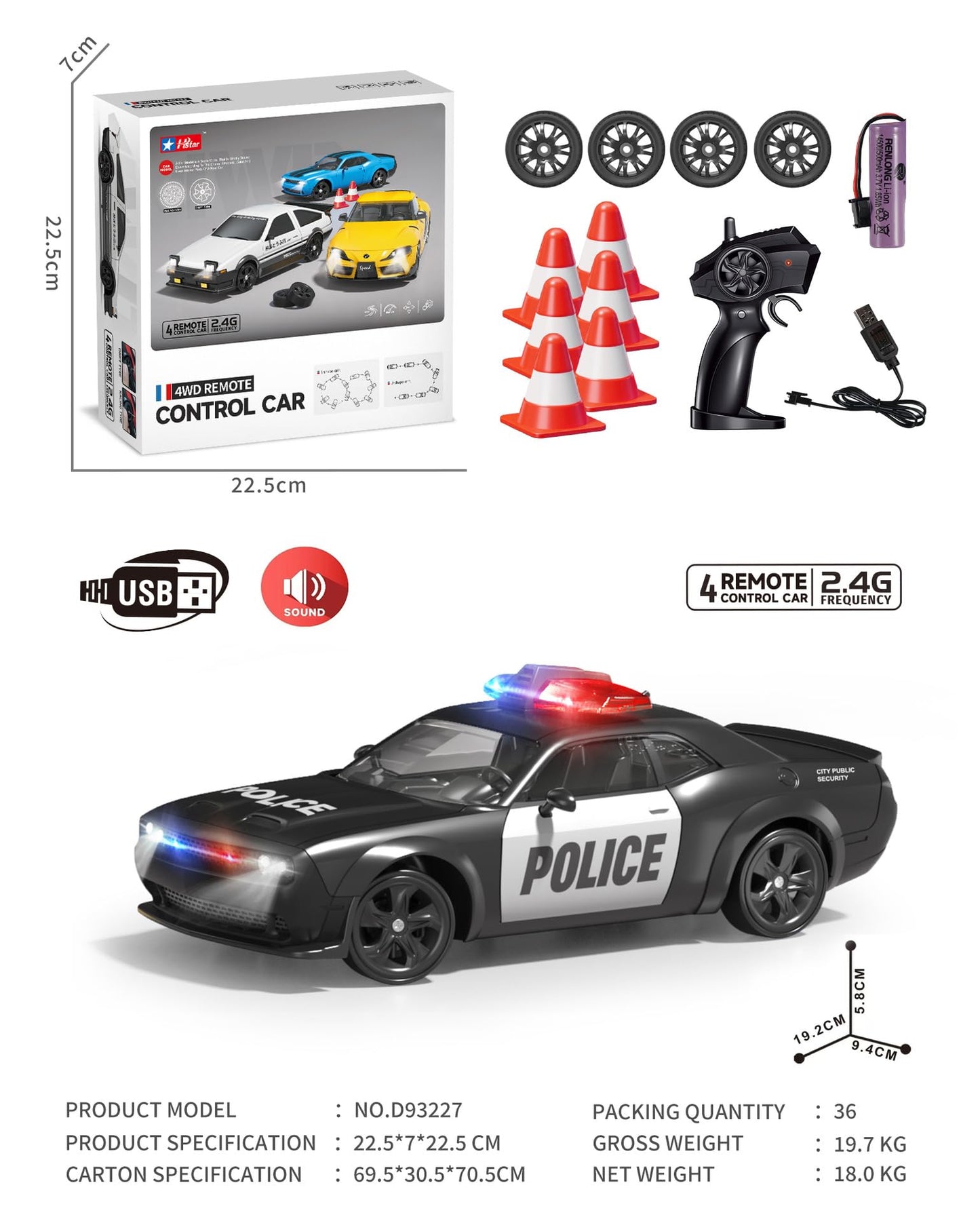 Hylukon RC Drift Car, 1:24 Scale Police Car Toy, 4WD RC Car Toy with Lights, Birthday Gift Ideas for Teens (2 Battery)