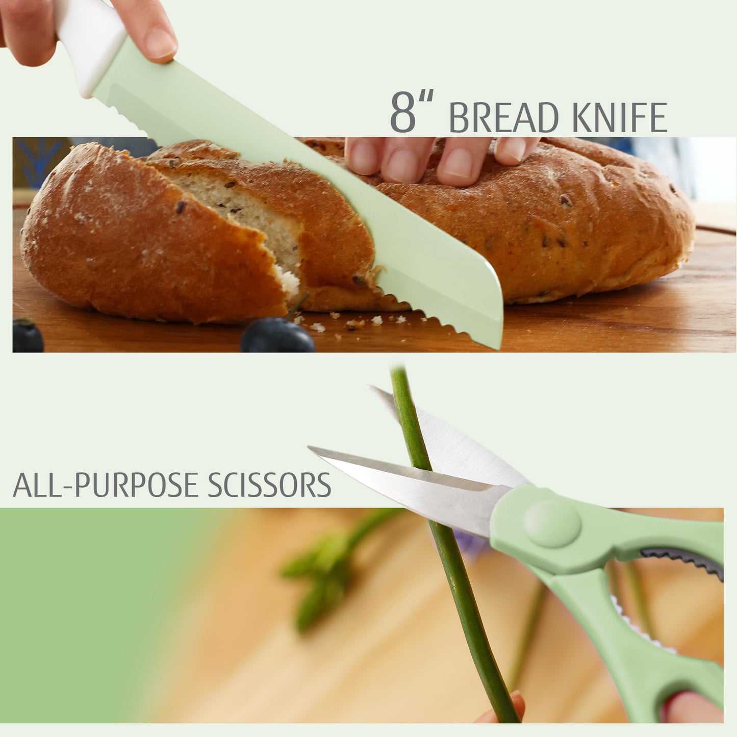 hecef 13 Pieces Kitchen Knife Set with Built-in Sharpening Wooden Block, High Carbon Stainless Steel Knife Block Set with Steak Knives, Kitchen Scissors (Green)