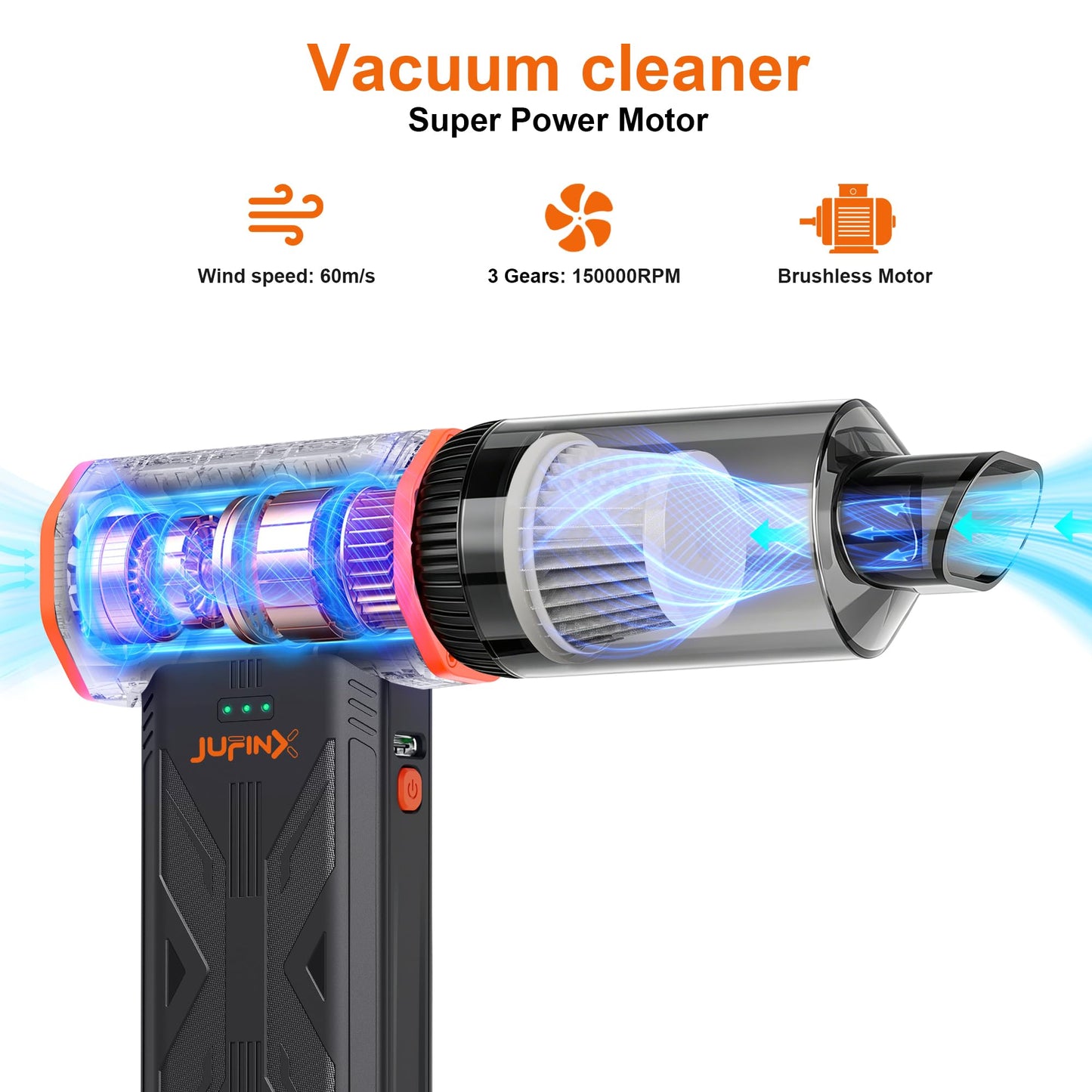 JUFINX F32MAX Compressed Air Duster-150000RPM Super Power Electric Air Duster and Vacuum Cleaner & Bag Vacuum Sealer 3-in-1，for PC Keyboard Cleaning, Car Interior Cleaning.