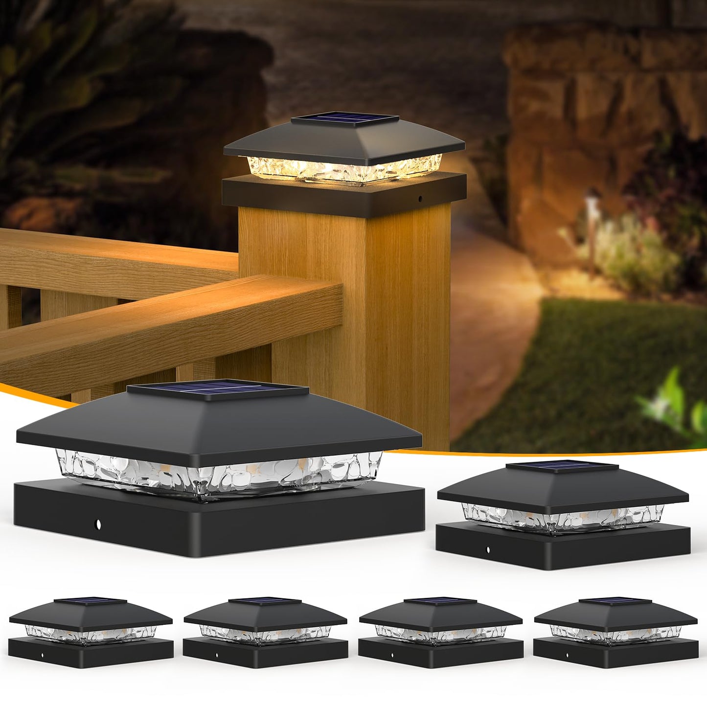 APONUO 4x4 Solar Post Caps Lights, Fence Post Solar Lights Warm White Outdoor Waterproof Garden Patio Fence Deck Decor, Post Cap Solar Light for Fence Deck Post 4x4 Wood Vinyl, Black 6 Pack