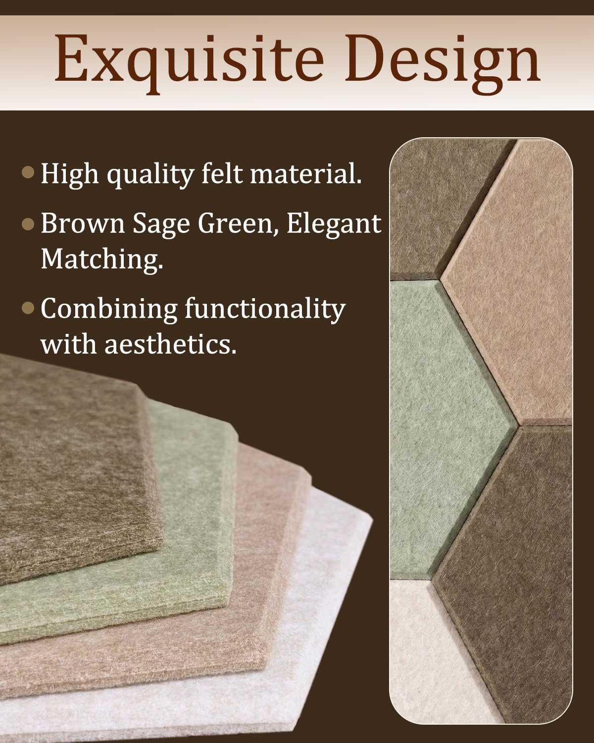 Acidea 12Pcs Hexagon Felt Cork Boards for Walls, Brown Sage Green Self-Adhesive DIY Bulletin Board Vision Board with 50 Push Pins, Pin Board for Office School Home Wall Decor Photos Display Memos