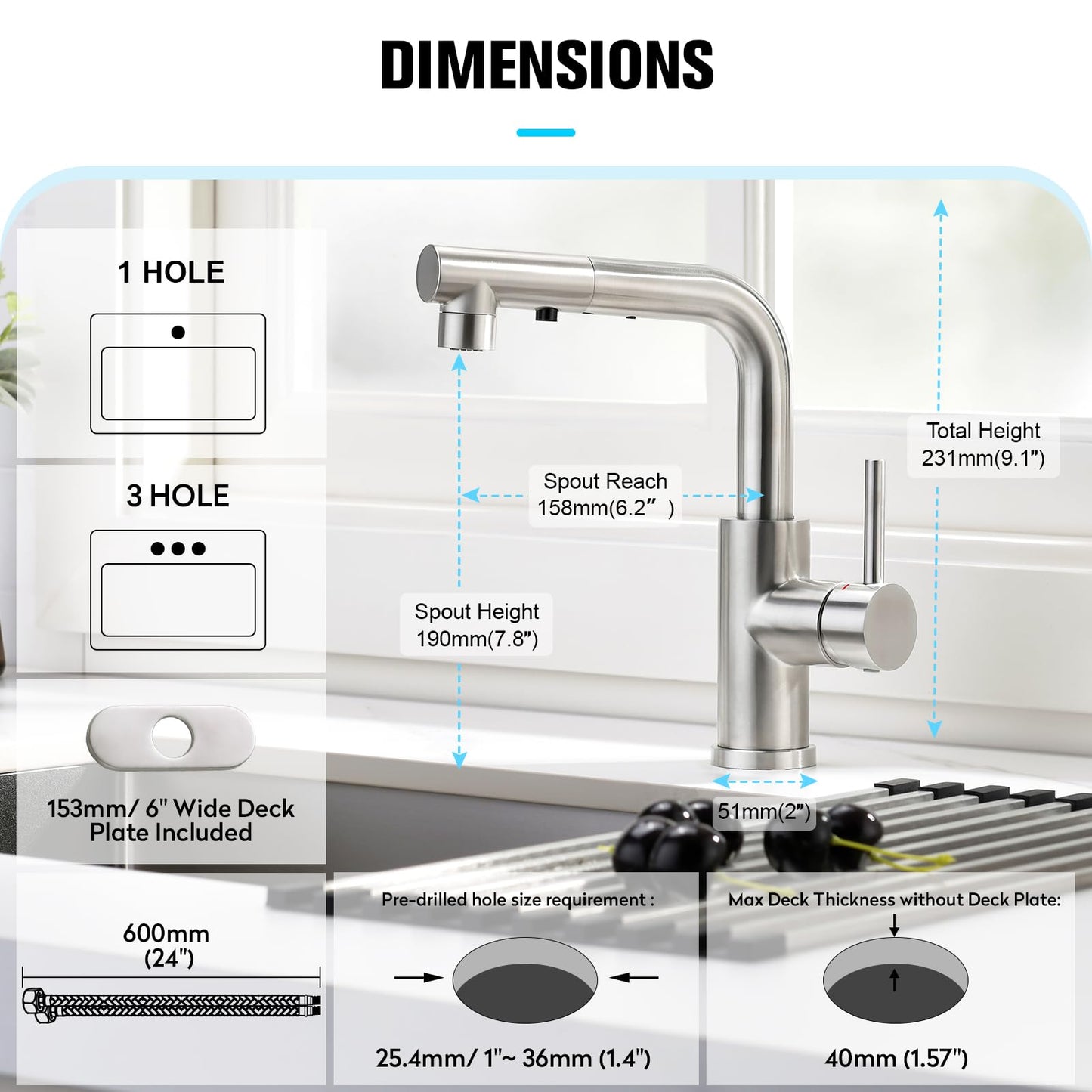 CREA Black Kitchen Faucet with Pull Out Sprayer, Pot Filler Faucet RV Prep Sink Outdoor Faucet Wet Bar Faucet, Single Handle Bar Sink Faucet with Deck Plate, Brushed Nickel