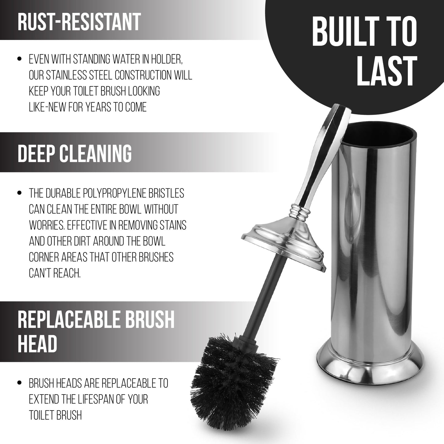 Splash Home Kolva Stainless Steel Toilet Brush and Holder Set Bathroom, Hidden Toilet Bowl Brush Design with Durable Bristles for Deep Cleaning 5 x 5 x 15 inch - Chrome