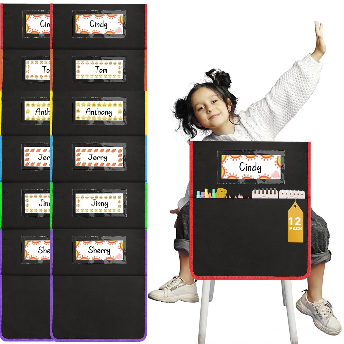 Runpig 12 Pcs Classroom Chair Pockets, 17 x 15 inch, Seat Sacks for Classroom Chairs, Buddy Pocket, Chart Seat Back Organizer with Name Tag