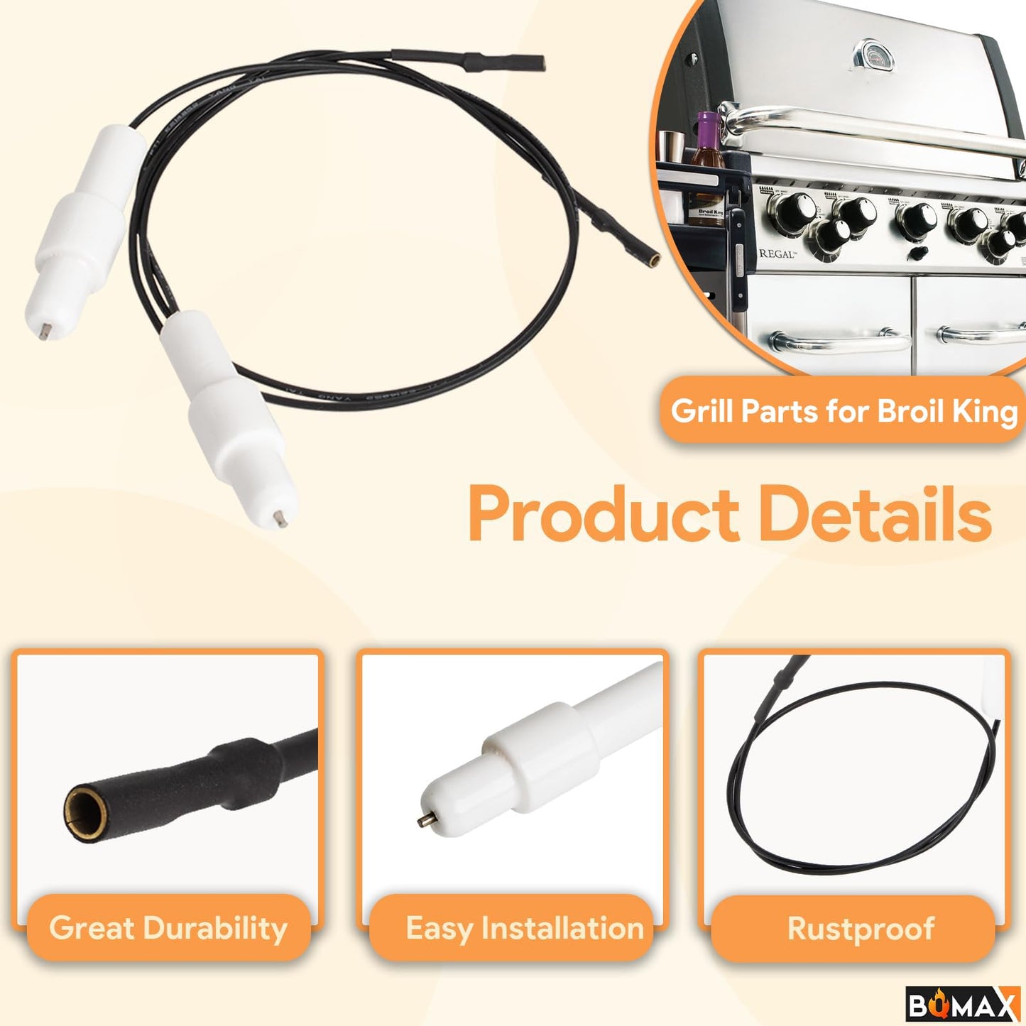 DHLG-12 BBQ Igniter Kit Replacement Parts for Broil King, 2 Male Outlet AAA Battery Spark Generator Push Button Ignitor and 04831 Ceramic Electrode with Wire for Broil King BBQ Igniter