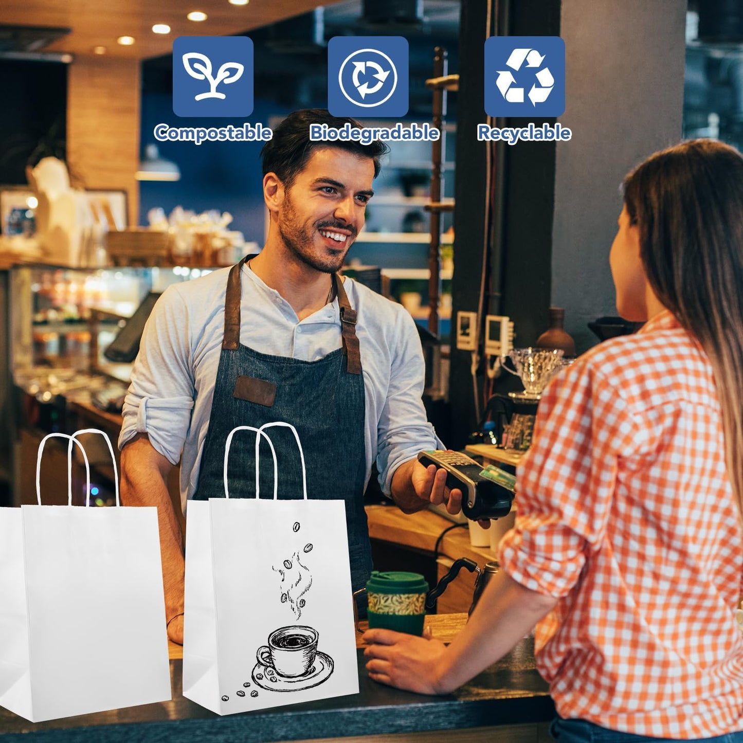 BURVAGY 100Pack White Paper Bags 8x4.5x10 Inch, Plain Medium Paper Bags with Handles Bulk, Kraft Paper Gift Bags, Retail Bags, Party Bags, Shopping Bags, Favor Bags