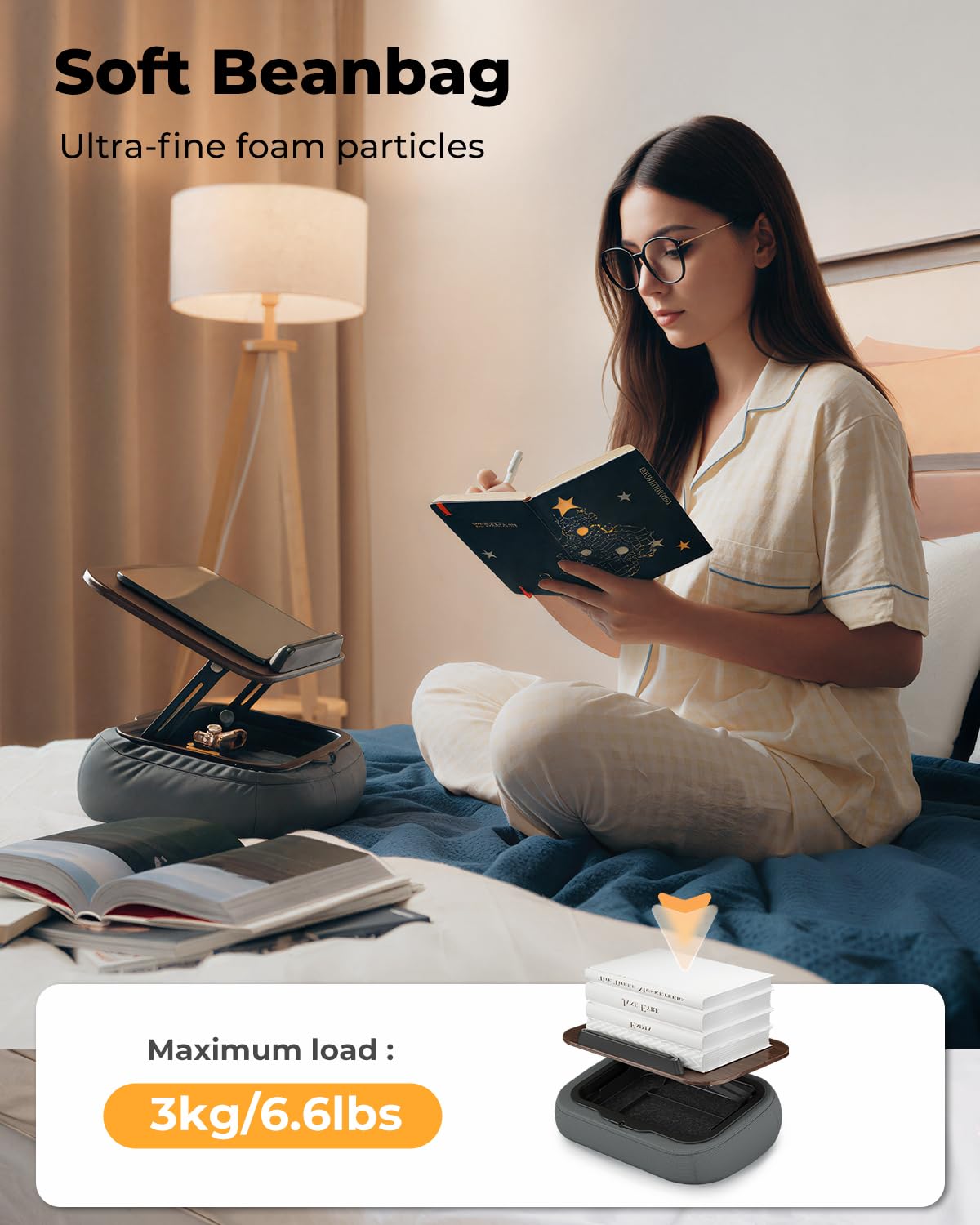 SupeDesk Adjustable Pillow Book Stand with Storage, Ergonomic Lap Beanbag Reading Pillow for Bed & Desk, Multi-Angle Book Stand Pillow Holder, Hands-Free Lap Reading Stand for Books, Tablets & iPad