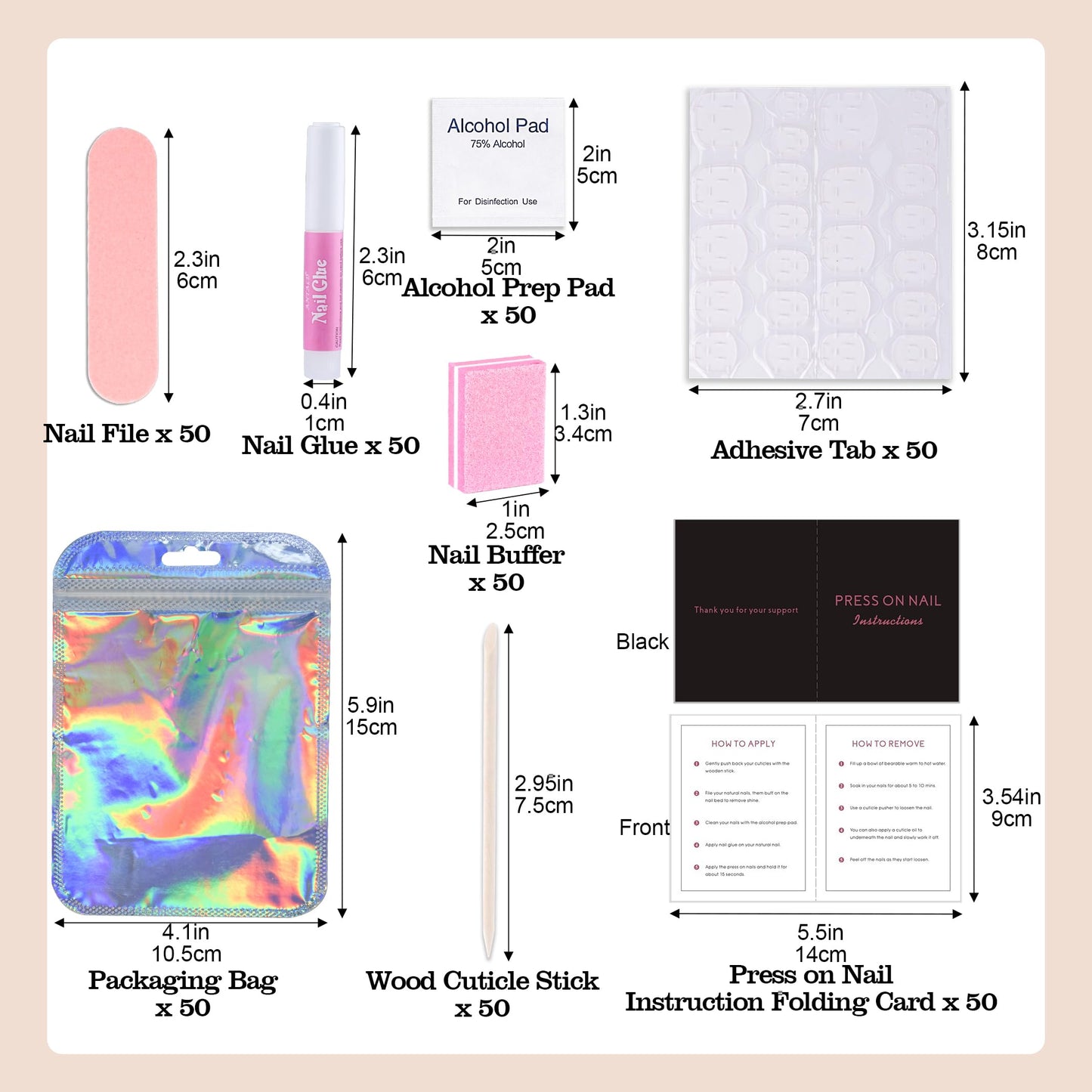 50 Pack Press On Nail Tool Prep Kit for Nail Salon Business, Disposable Manicure Kit with Nail File, Buffer, Nail Glue, Prep Pad, Instruction Card, Adhesive Nail Tabs, Wood Stick, Holographic Bag (A)