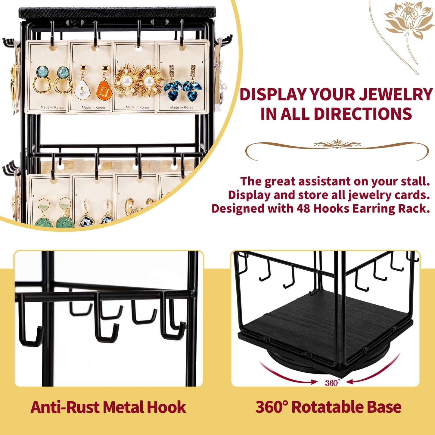 Yoimori 360 Rotating Earring Display Stands for Selling, Earring Rack Display Holder Organizer Stand, Jewelry Display for Vendors Selling Earring Cards, Necklaces, Bracelets, Hair Accessories