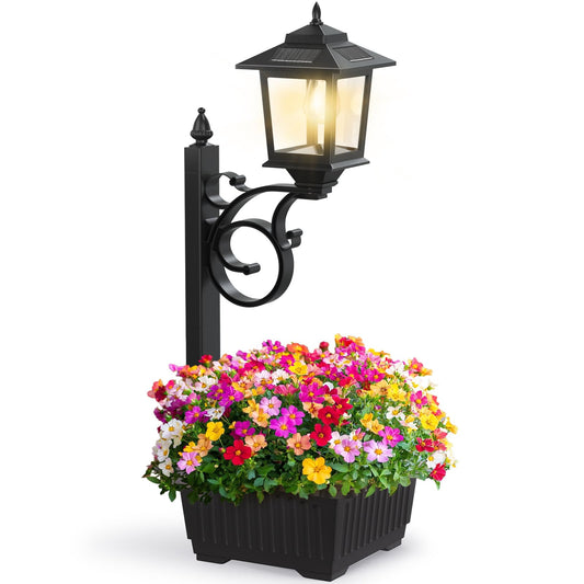 2 in 1 Solar Lamp Post Light with Planter, Outdoor Flower Pots, Solar Post Lights Waterproof, Led Planters Pots, Outdoor Lamps for Patio, Front Porch Decor, Warm White, Replaceable Bulb