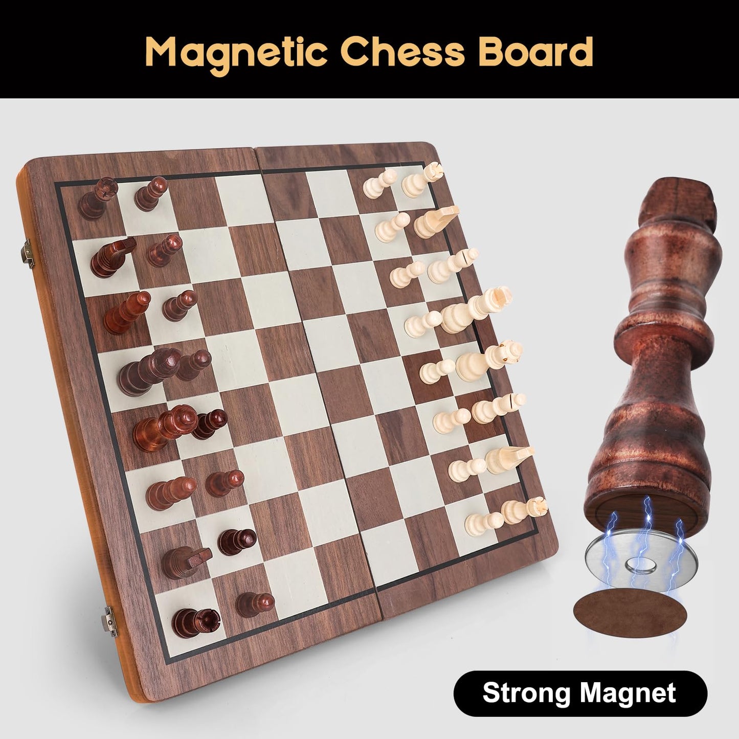Wooden Magnetic Chess Board Set, 15 inch 2 in 1 Portable Folding Checkers Chess Set with 2 Extra Queen and Carry Bag Handmade Large Chess Game
