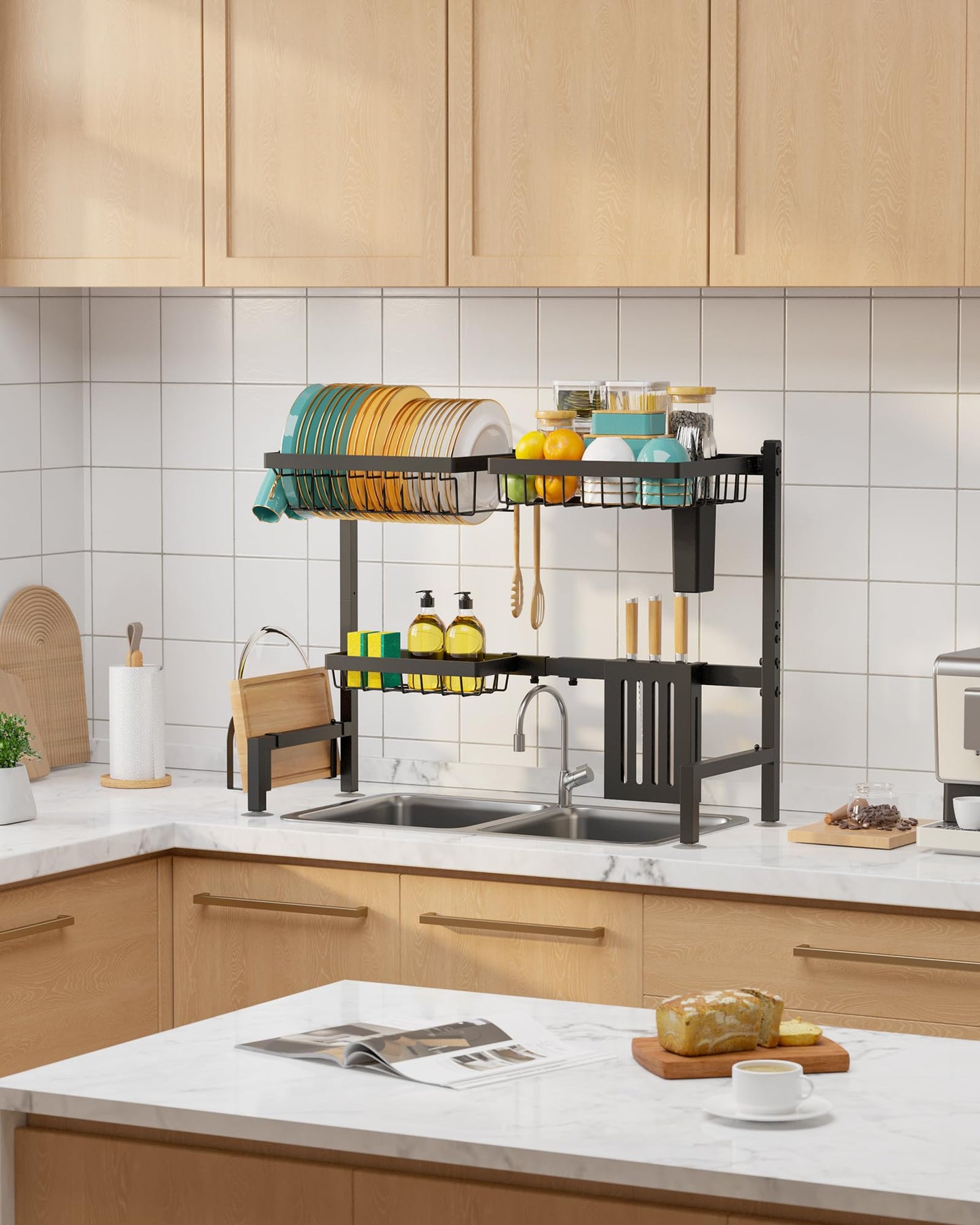 Sakugi Dish Drying Rack Over The Sink – Large Capacity Stainless Steel Dish Drainer, Multifunctional Kitchen Organizer, Black, 28 × 76–86 × 54 cm (D × W × H)
