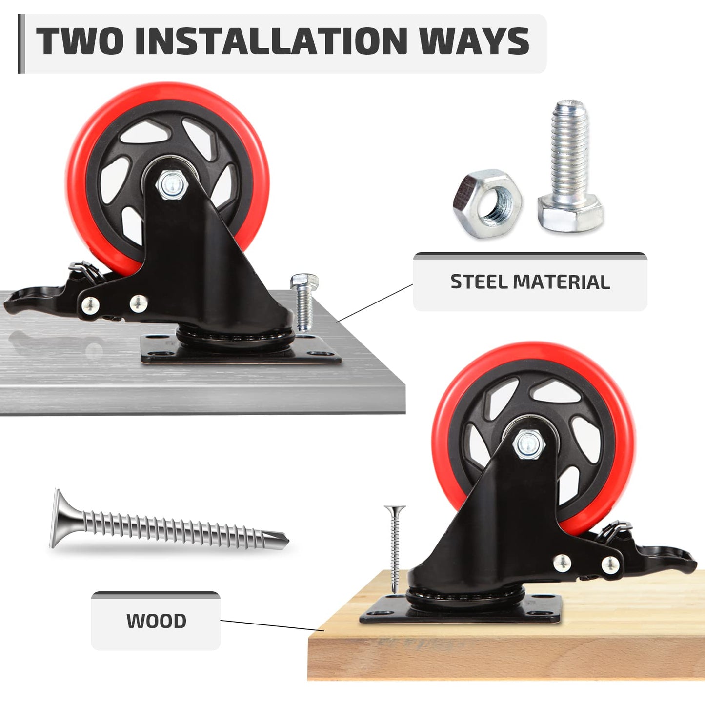 Nefish 4 Inch Industrial Caster Wheels with Brake, Casters Set of 4 Heavy Duty Industrial Grade Casters, Non-Marking Polyurethane Wheels, Workbench Casters 1800 Lbs for Cart, Furniture, Shelving