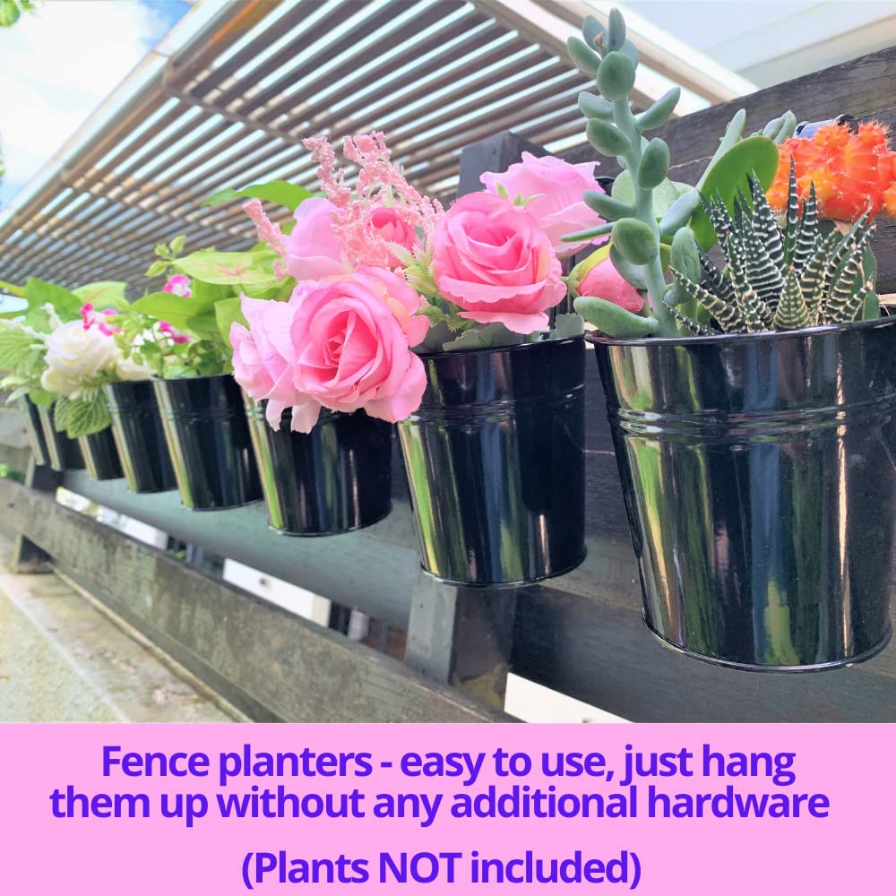 LaLaGreen Railing Planter - 10 Pack, 6 Inch Hanging Flower Pot Black, Outdoor Large Metal Iron Fence Bucket, Balcony Garden Wall Deck Porch Patio Rail Decor Hanger Hook Farmhouse Macetas para Balcon