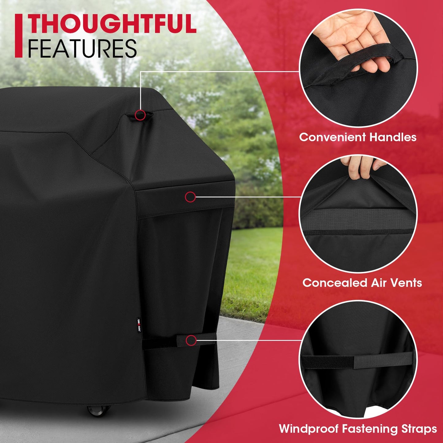 UNICOOK BBQ Cover 60 Inch, Heavy Duty Waterproof Housse BBQ, Special Fade and UV Resistant Outdoor Barbecue Grill Cover, Barbecue Accessories Compatible for Weber Char-Broil Nexgrill and More