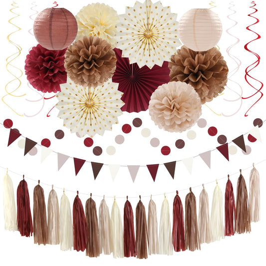 Brown Burgundy Champagne Dusty-Pink Party-Decorations - 33pcs Banner,Streamers Tassel Garland,Fall Boho Baby Shower,Wedding Tissue Pom Poms Honeycomb,Paper Lantern Fan,Birthday,Engagement Hugtmr