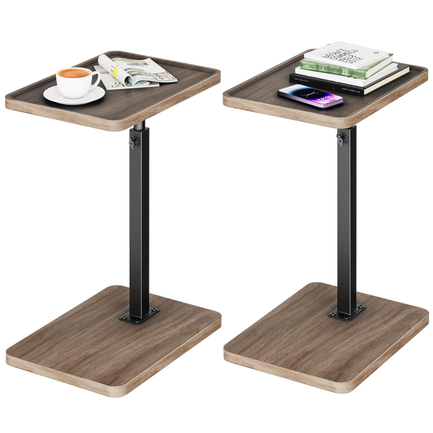 LAKEMID TV Sofa TrayTable Set of 2, 360° Swivel Side Table,Height Adjustable TV Tray, C Shaped Snack End Table for Couch, Bed, Small Living Room Table,Rustic Brown