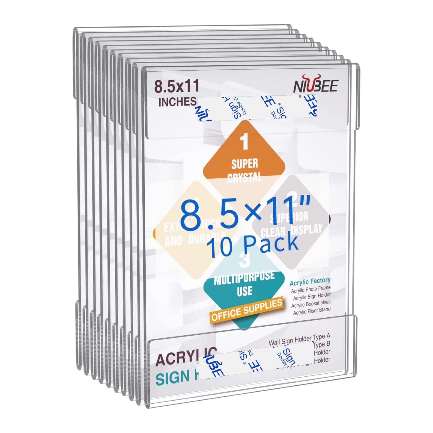Niubee 8.5x11 inch Wall Mount Acrylic Sign Holder with Double Sided Adhesive Tape for Office, Home, Store, Restaurant-No Drilling (10 Pack)