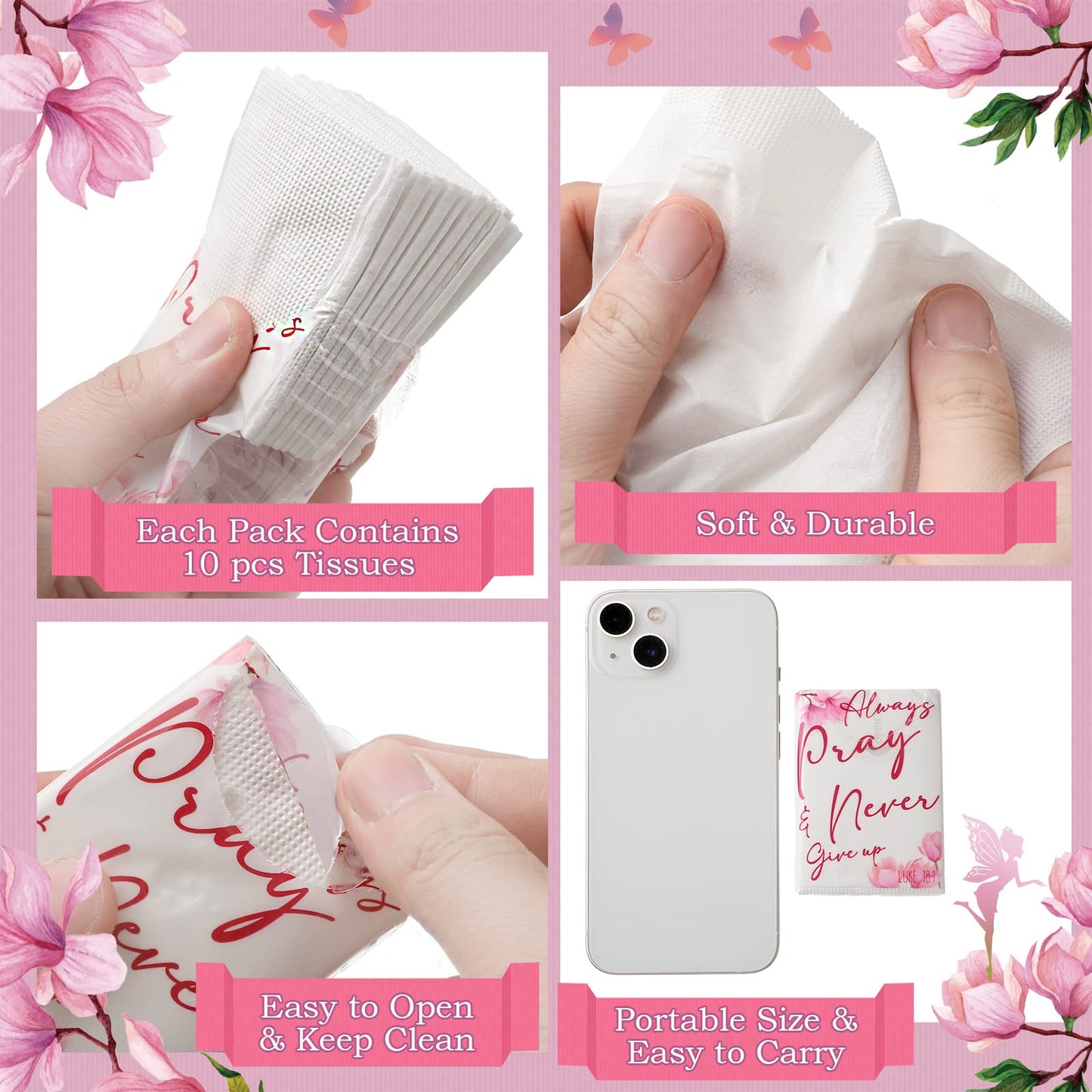 Spiareal 100 Pack Christian Travel Tissues Bulk 3 Ply Mini Bible Verse Individual Pocket Tissue Packs Travel Size Always Pray Never Give up Christian Gift for Wedding Party Homeless Gift Daily Use